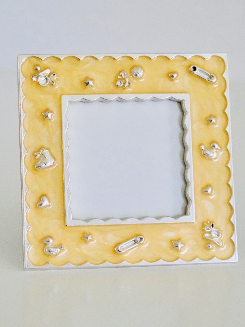 Unisex Baby Picture Frame Yellow Enamel with Scalloped Edges & Silver Details